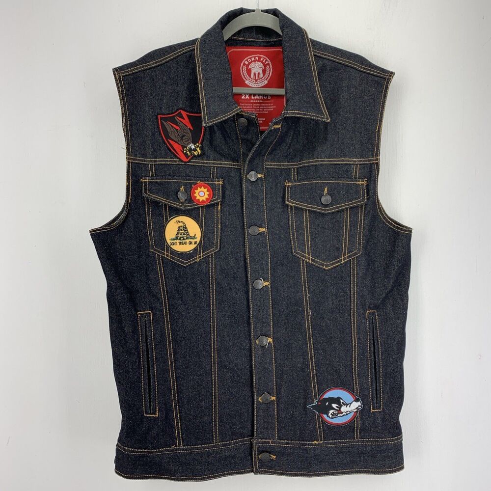 Born Fly Anytown USA Mens 2X Denim Vest Patches Biker Streetwear Grunge Moto